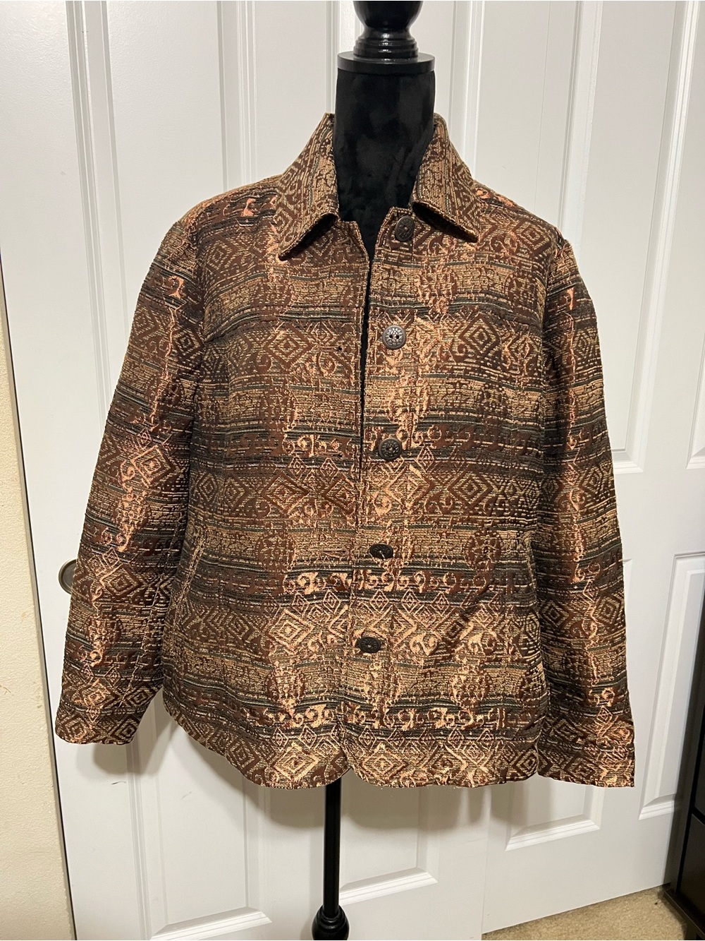 NWT VTG Coldwater Creek Metallic Stripe Jean Blazer Jacket Aztec Bronze Size 1X